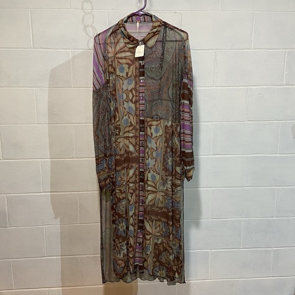 Free People Naomi Buttondown Maxi Top Long Sleeve Printed SMALL Black Combo‎ NWT